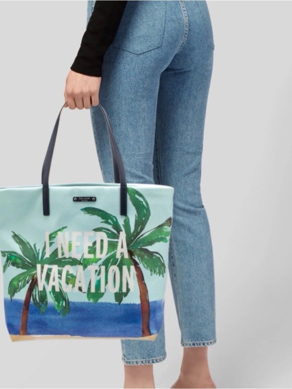 kate spade light blue palm print tote with black straps - Picture 3 of 11